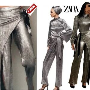 Zara metallic silver liquid foil High waisted wrap slit pants Sz XS NWT bloggers